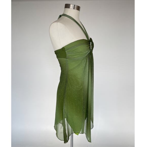 Y2K Green Sparkly Fairy Mini Halter Dress / Sz S / Trixxi / Whimsigoth Babydoll - Picture 2 of 10